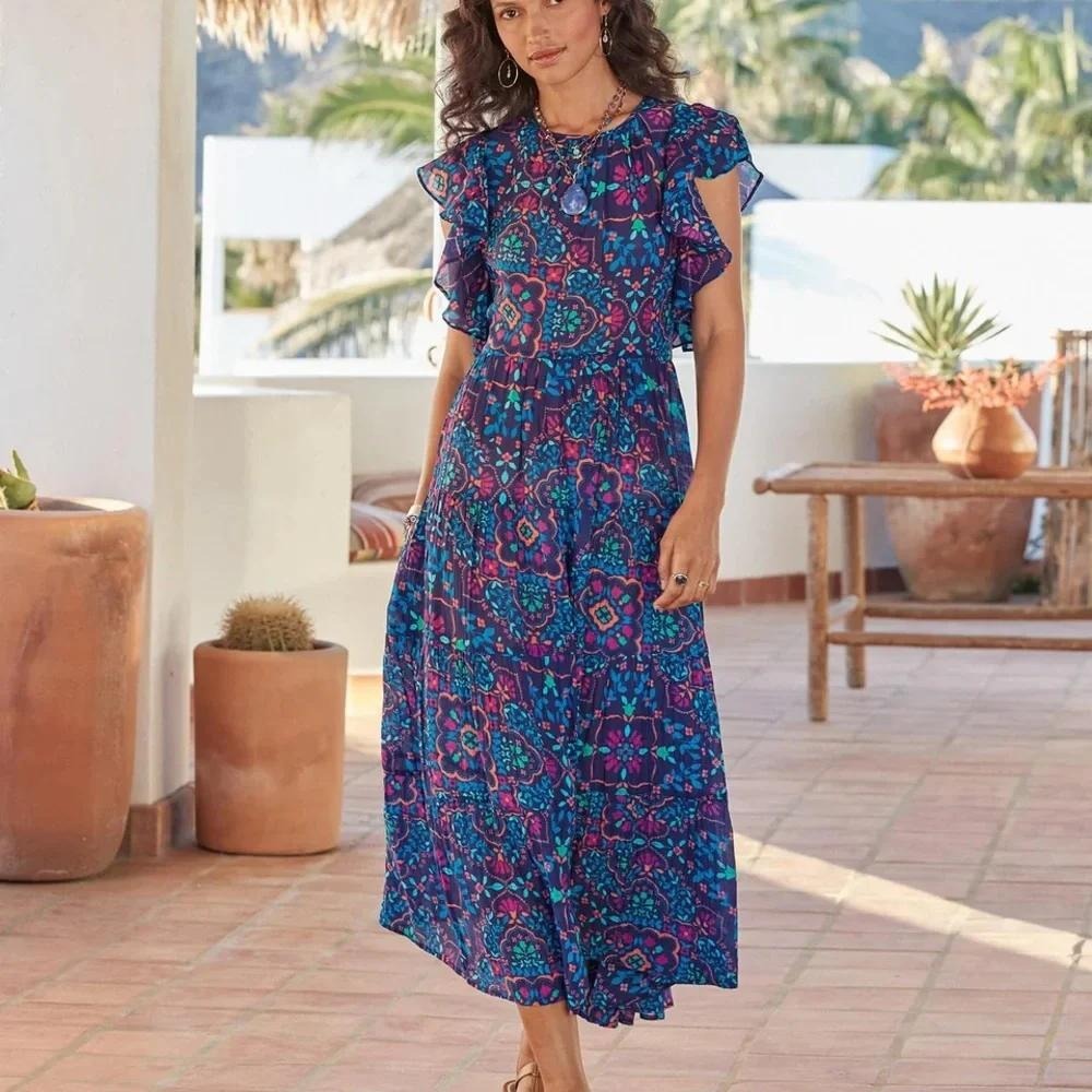 Sundance Everlynn Dress XL Extra Large Blue‎ Floral Cotton Silk Tiered Midi Slip
